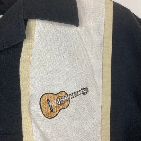 David Carey Bowling Shirt XL Black White Guitar Embroidery Hawaiian Retro Stripe - Picture 4 of 6